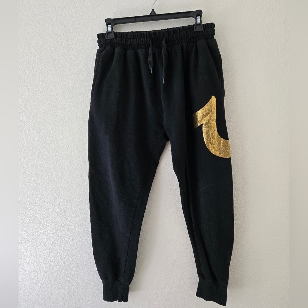 True Religion Mens Sweatpants Joggers Medium Gold HORSESHOE Logo Black Cuffed‎